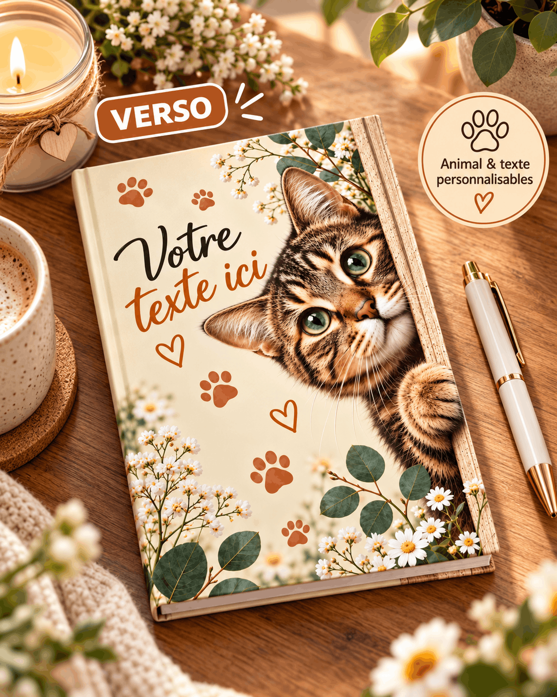 Cahier A5 personnalisé avec photo de chat et texte libre sur le verso