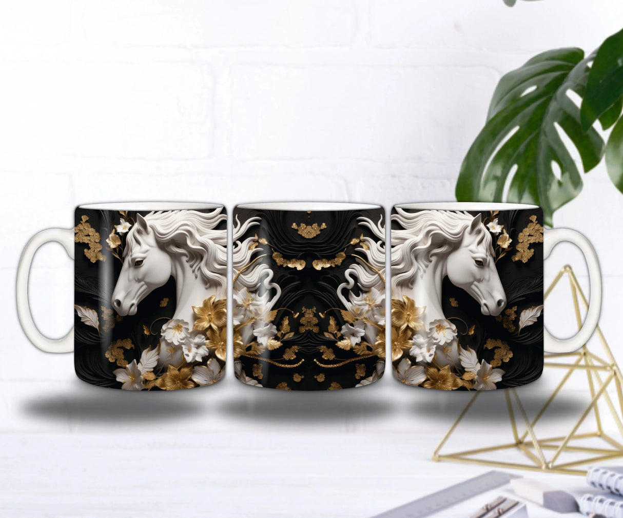 🐎 Mug “Cheval Blanc & Fleurs d’Or” – Élégance Équine ✨ Sublimation Store