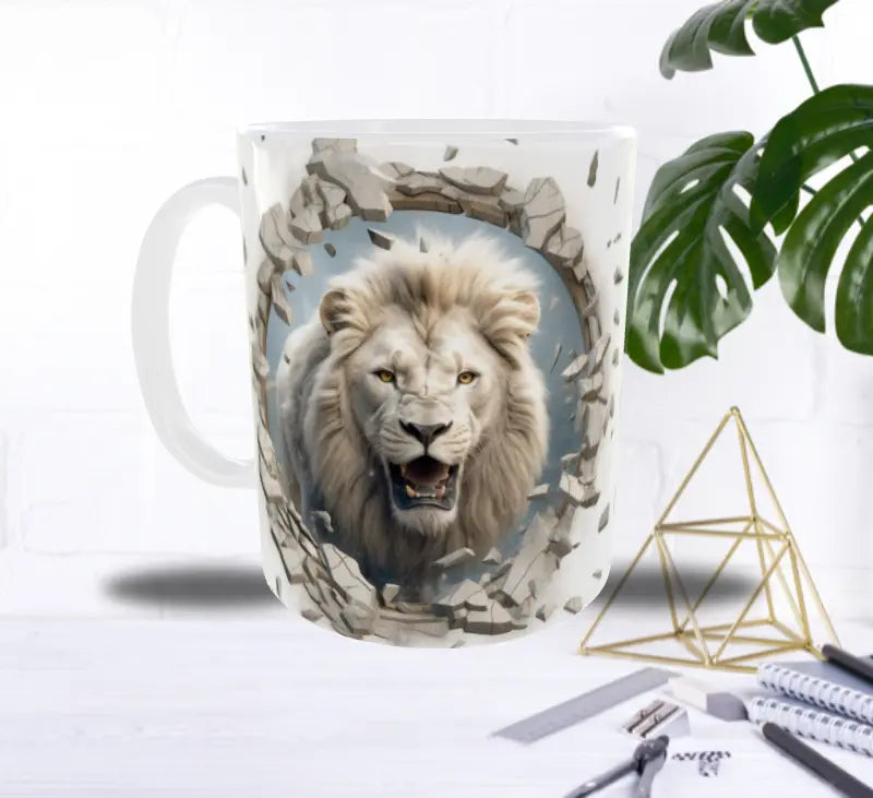 Mug Lion Blanc 3D — L’Éclat du Roi qui Traverse le Mur Sublimation Store