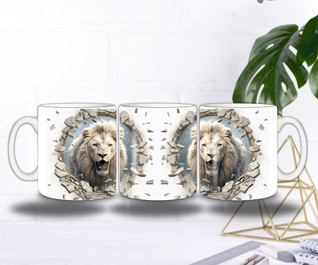 Mug Lion Blanc 3D — L’Éclat du Roi qui Traverse le Mur Sublimation Store