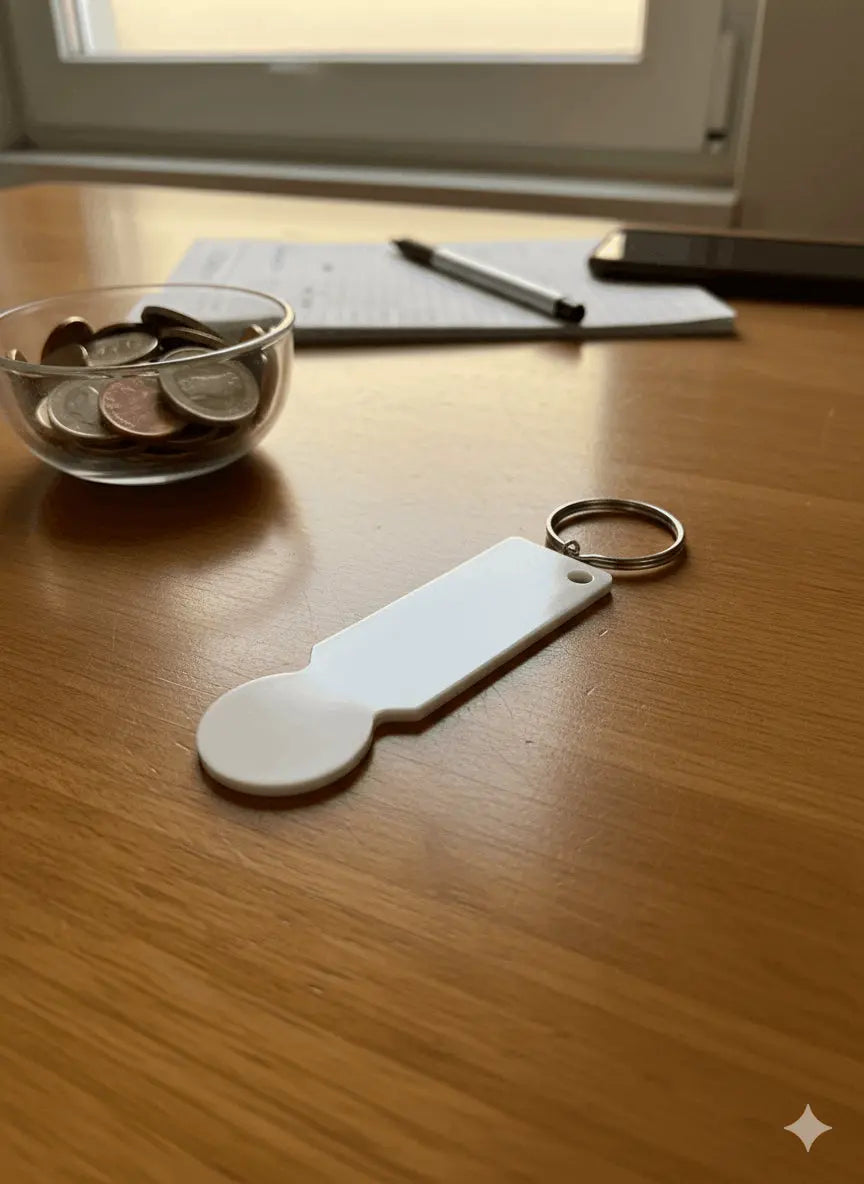 Porte-clé Jeton de Caddie Personnalisé avec Photo | Blanc sur Bureau