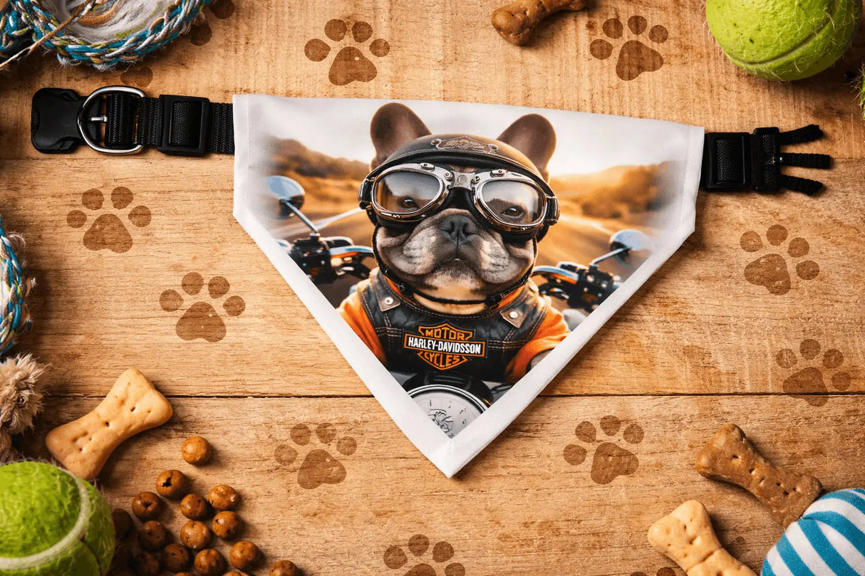 Bandana pour chien “Bouledogue Motard” – 5 designs moto vintage (tailles au choix) Sublimation Store
