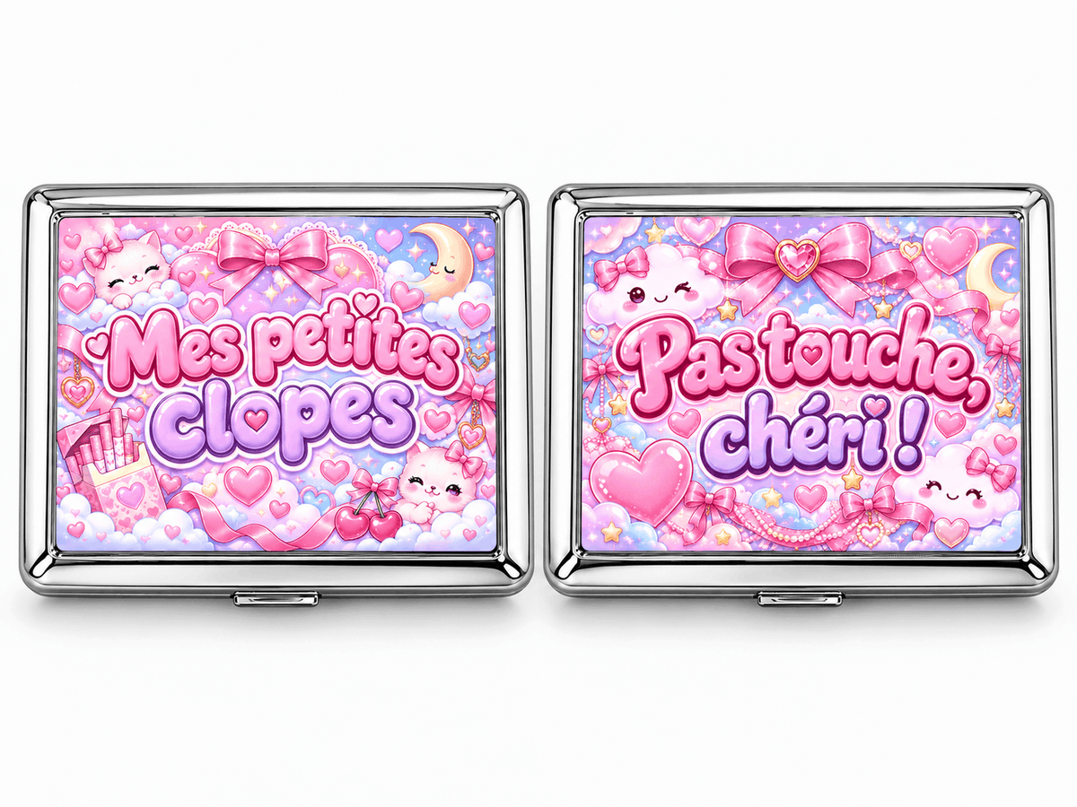 Boîtes à cigarettes en métal design kawaii pastel, Mes petites clopes et Pas touche chéri, nœuds roses, chats et nuages