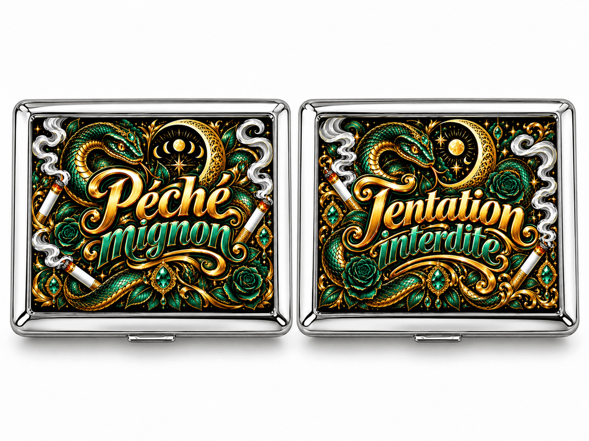 Boîtes à cigarettes en métal design serpent émeraude, Péché mignon et Tentation interdite, or, lune et gemmes vertes