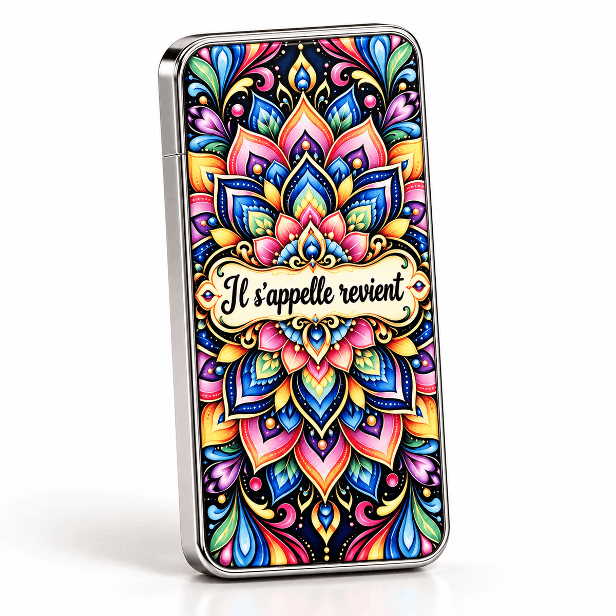 Briquet USB verso avec cartouche Il s'appelle revient au centre d'un mandala coloré, boîtier métal chromé