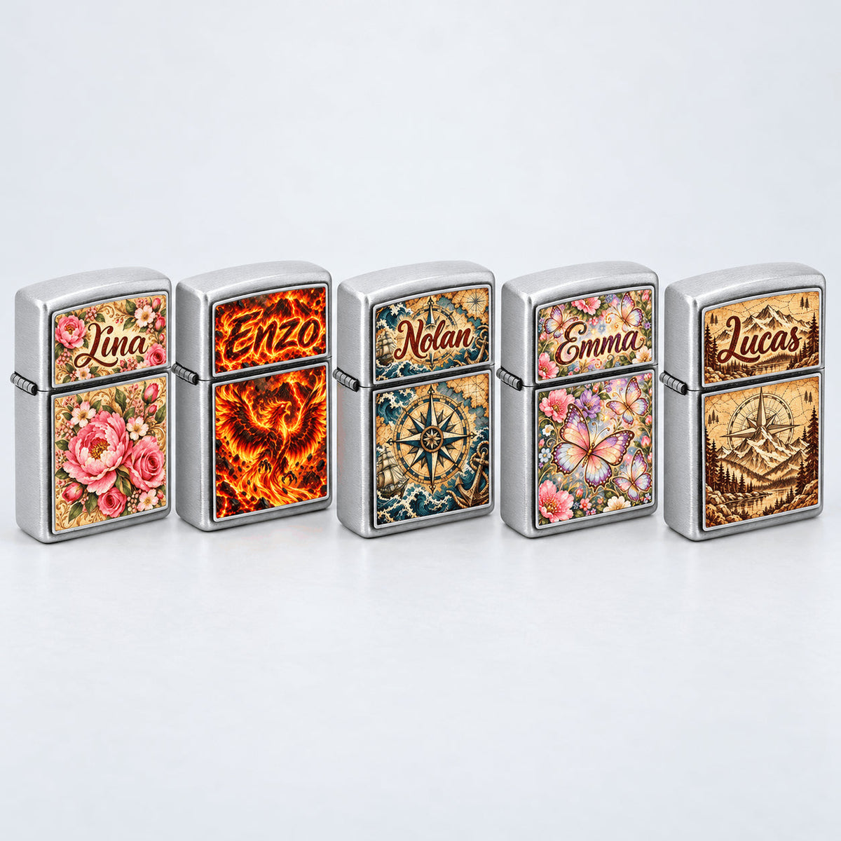 Cinq briquets à essence alignés avec cinq designs au choix : pivoines, phénix, rose des vents, papillons et montagne