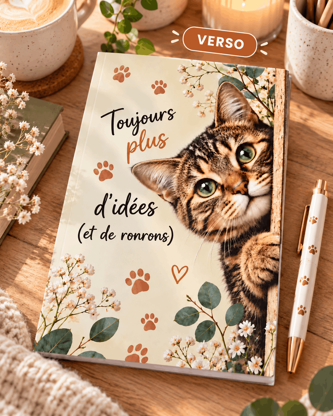 Cahier A5 verso chat tigré Toujours plus d'idées et de ronrons posé sur un bureau avec fleurs, bougie et stylo à pattes