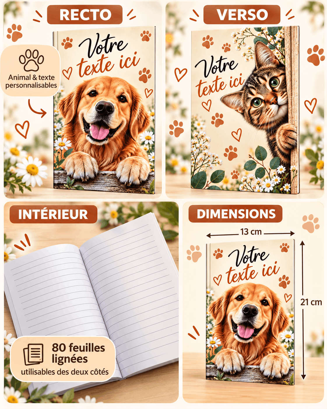 Planche du cahier A5 personnalisé : recto, verso, papier ligné 80 feuilles, épaisseur de 1 cm et dimensions 14,2 x 21 cm