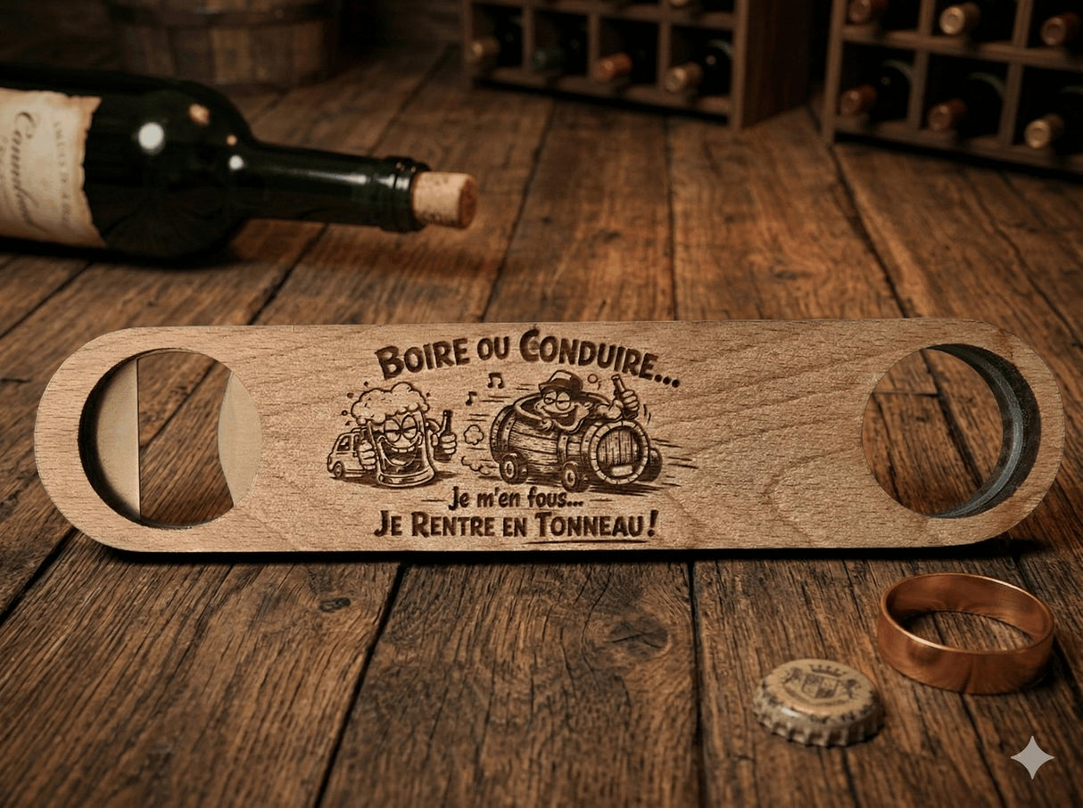 Décapsuleur personnalisé en bois de hêtre – Gravure laser humour recto/verso Sublimation Store