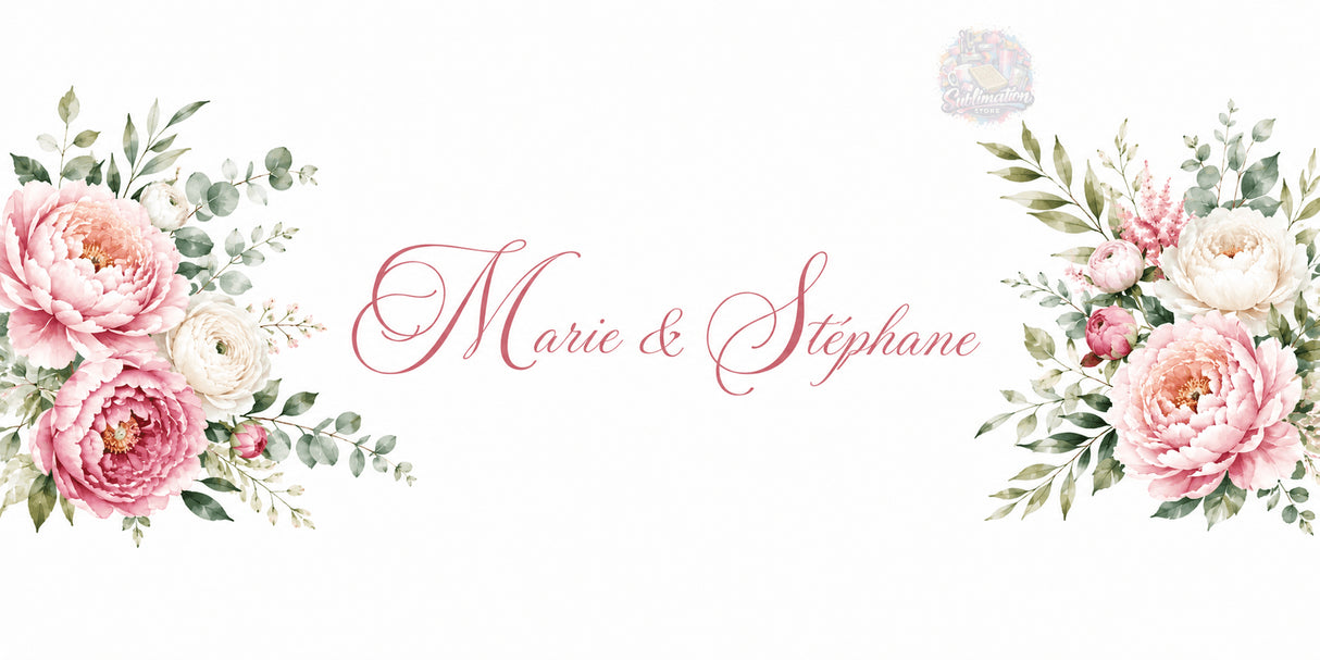 Design distributeur de savon personnalisé décor floral – prénoms couple en calligraphie, pivoines aquarelle