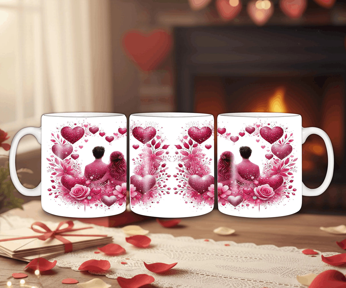 Mug Romantique "Éclats d'Amour" – Design Couple & Fleurs Scintillantes Sublimation Store