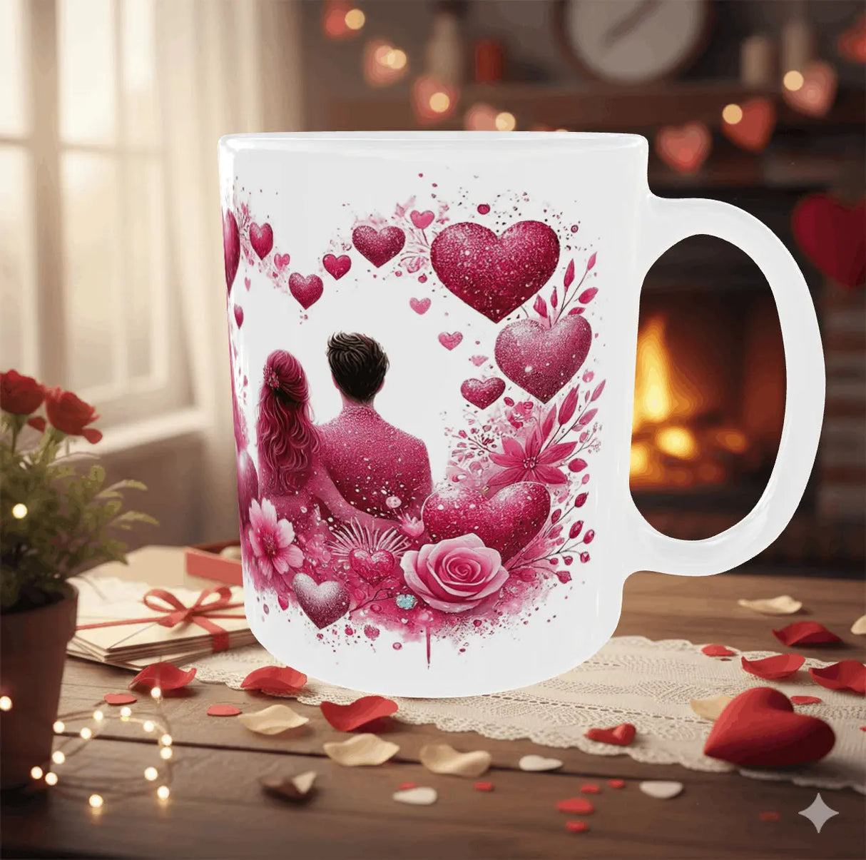 Mug Romantique "Éclats d'Amour" – Design Couple & Fleurs Scintillantes Sublimation Store