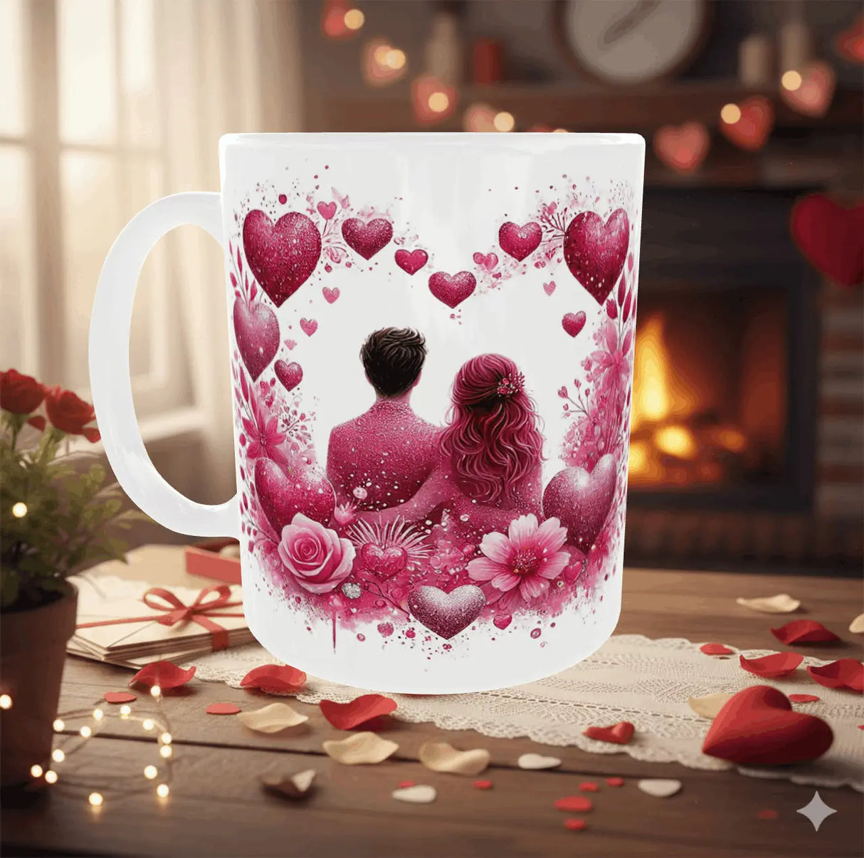 Mug Romantique "Éclats d'Amour" – Design Couple & Fleurs Scintillantes Sublimation Store