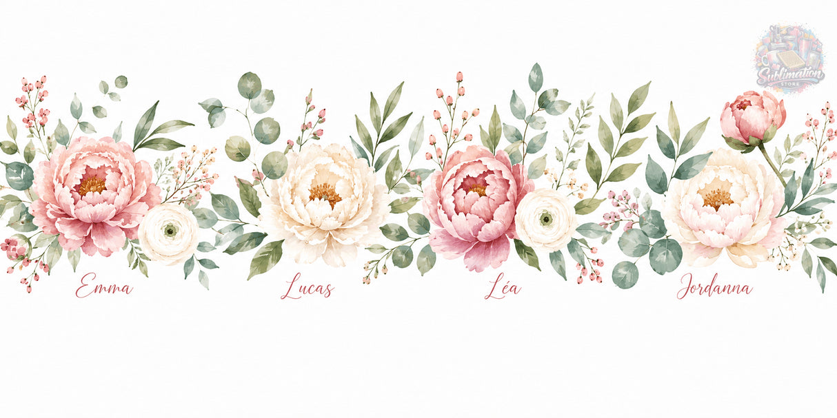 Design porte-brosse à dents personnalisé décor floral – 4 prénoms famille en calligraphie, pivoines aquarelle