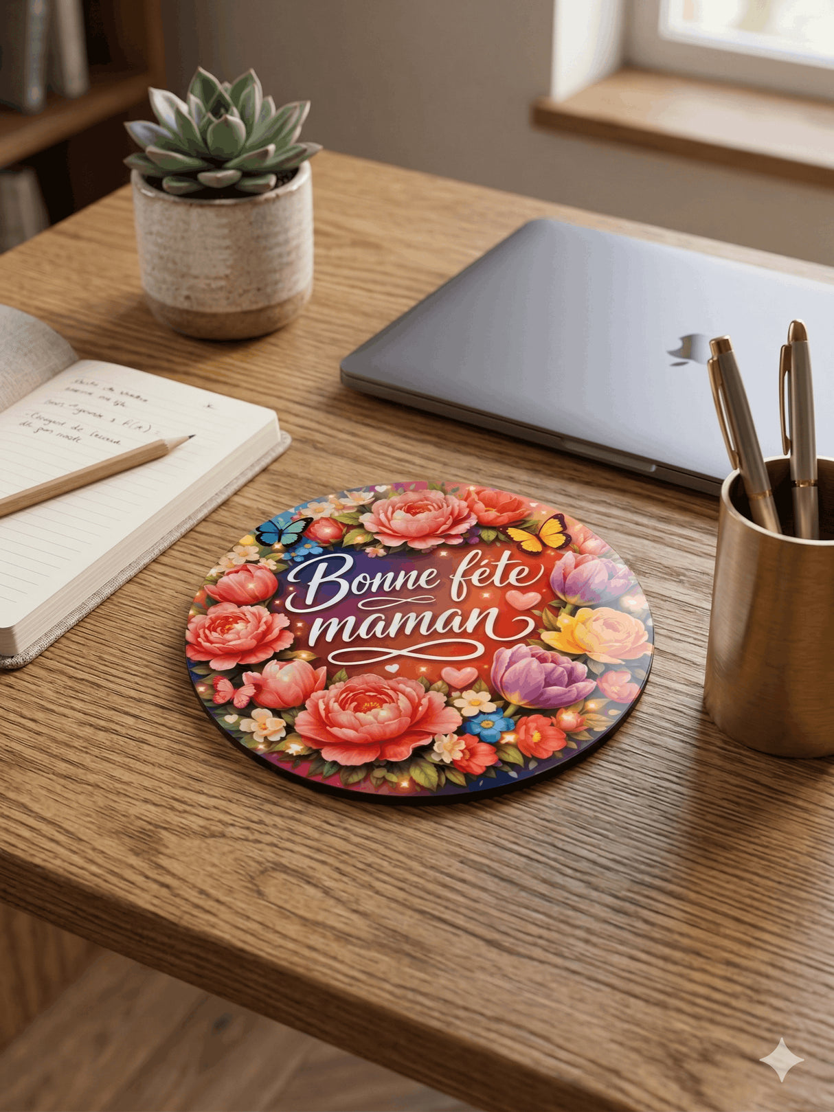 dessous de verre bonne fete maman pose sur un bureau en boi