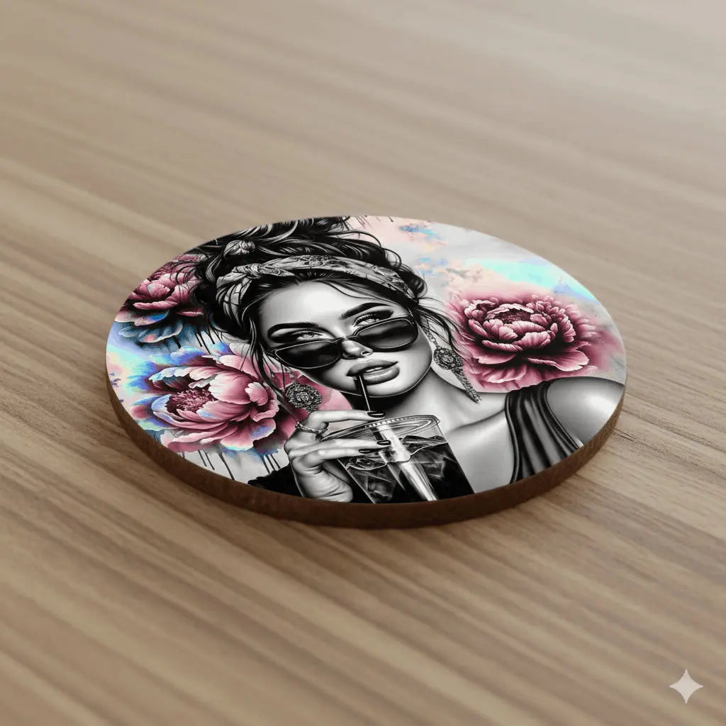 Dessous de Verre Rond Bois & Liège – Femme Glamour & Fleurs (9 cm) – Sublimation Premium Sublimation Store