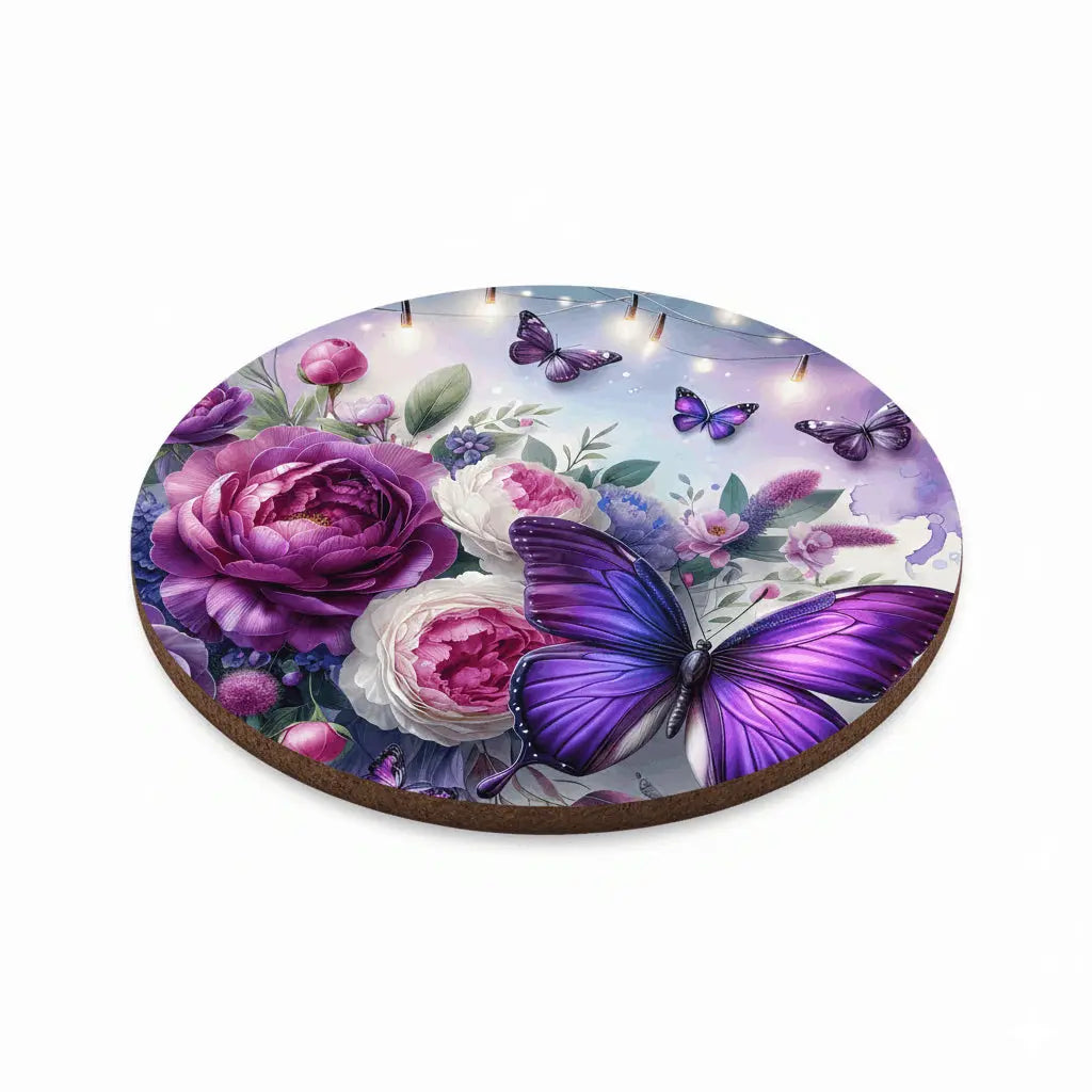 Dessous de Verre Rond Bois & Liège – Fleurs & Papillons Violets (9 cm) Sublimation Store