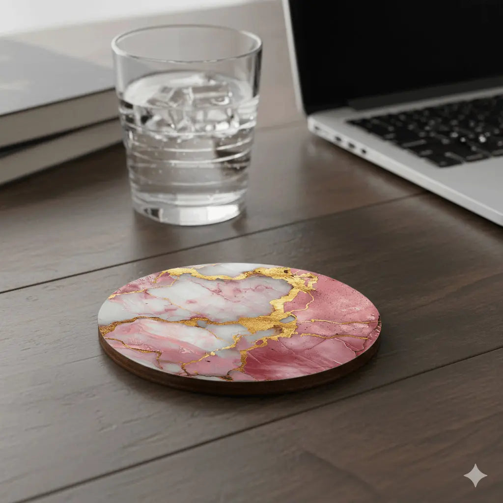 Dessous de Verre Rond Bois & Liège – Marbre Rose & Or (9 cm) – Sublimation Premium Sublimation Store