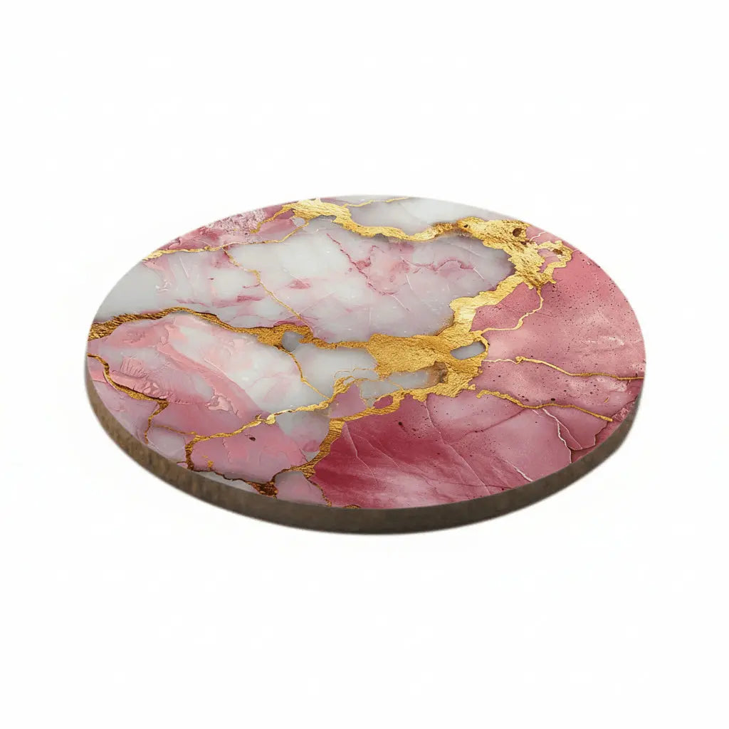 Dessous de Verre Rond Bois & Liège – Marbre Rose & Or (9 cm) – Sublimation Premium Sublimation Store