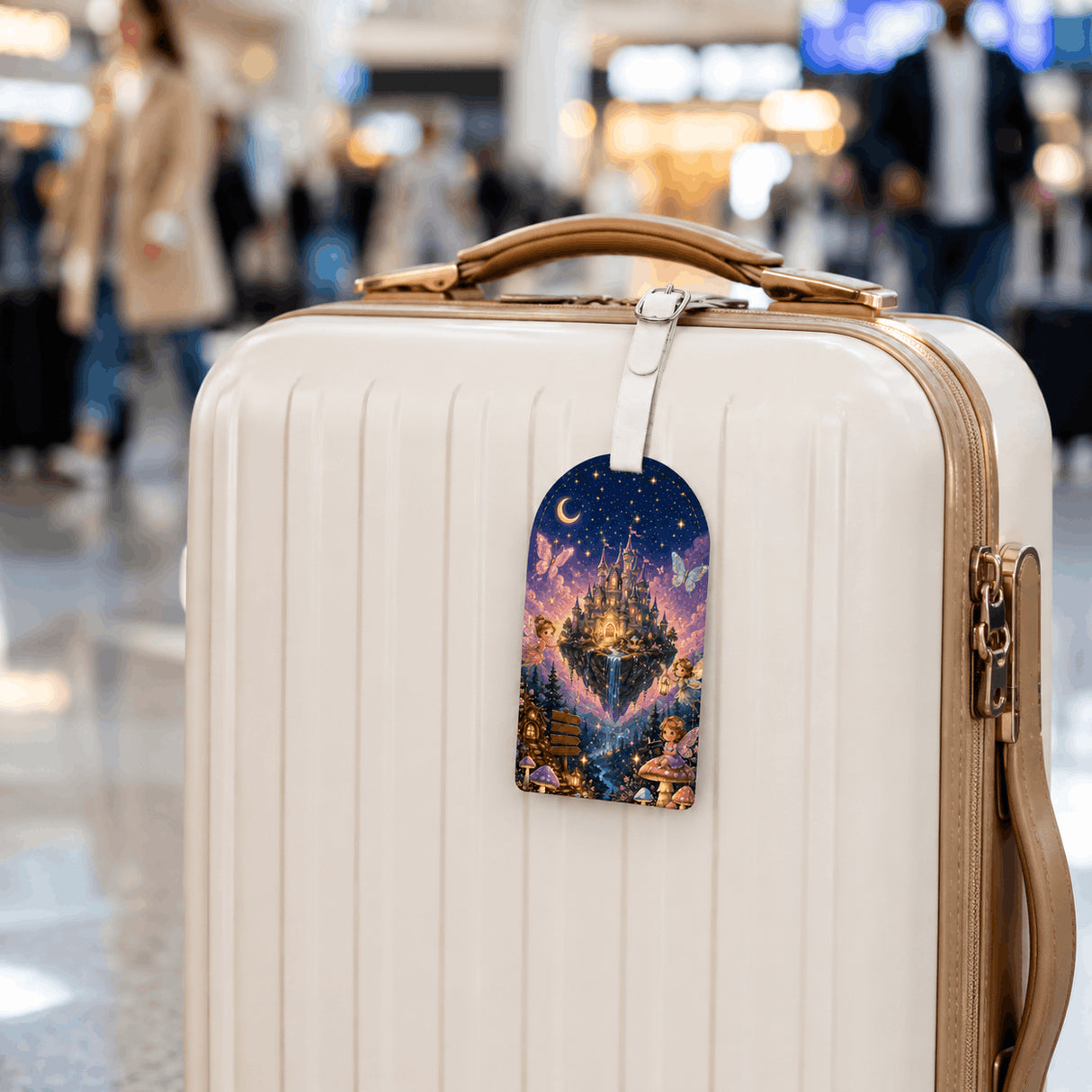 Étiquette bagage enfant design monde féérique accrochée sur valise blanche en aéroport animé – cadeau voyage enfant