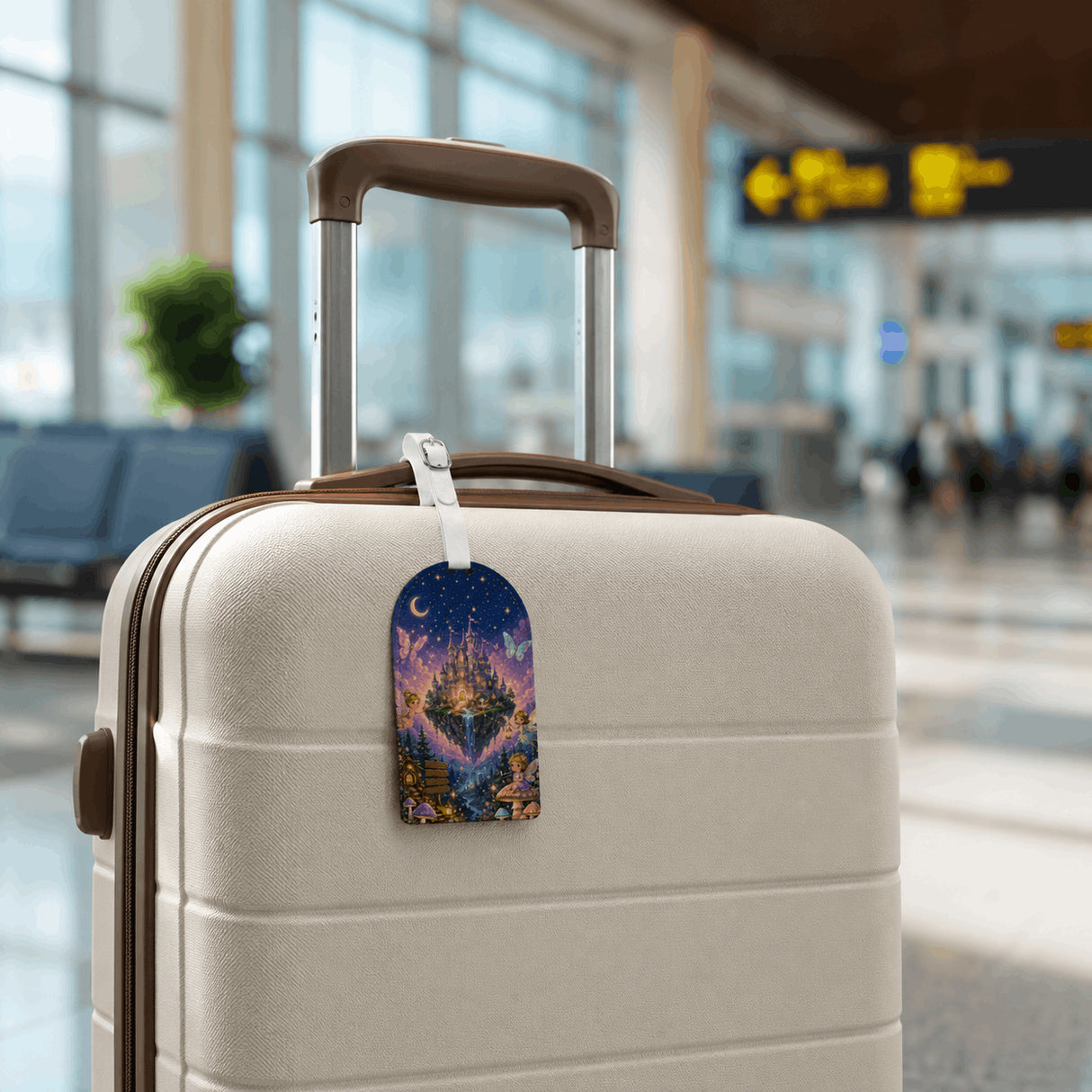 Étiquette bagage enfant design château enchanté et fées accrochée sur valise beige en salle d'embarquement aéroport
