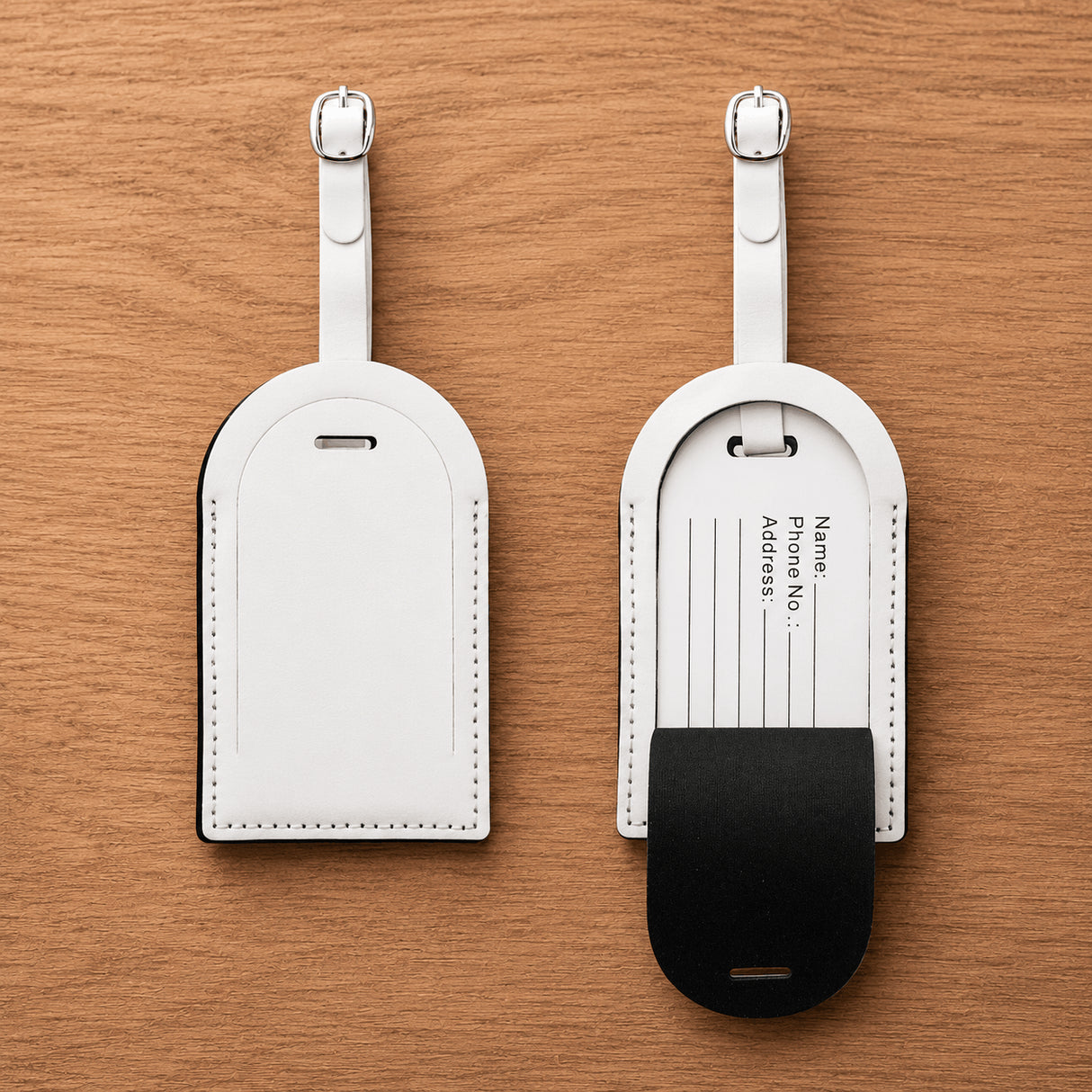 Étiquette bagage personnalisée recto et verso – simili cuir blanc avec carte données personnelles – forme arc