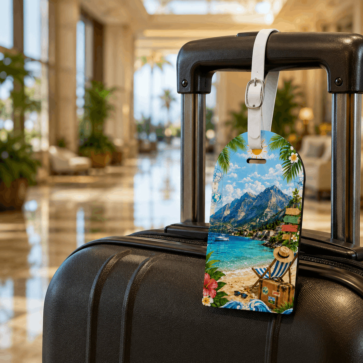 Étiquette bagage personnalisée accrochée sur valise noire dans hall d'hôtel – design plage et montagne – simili cuir