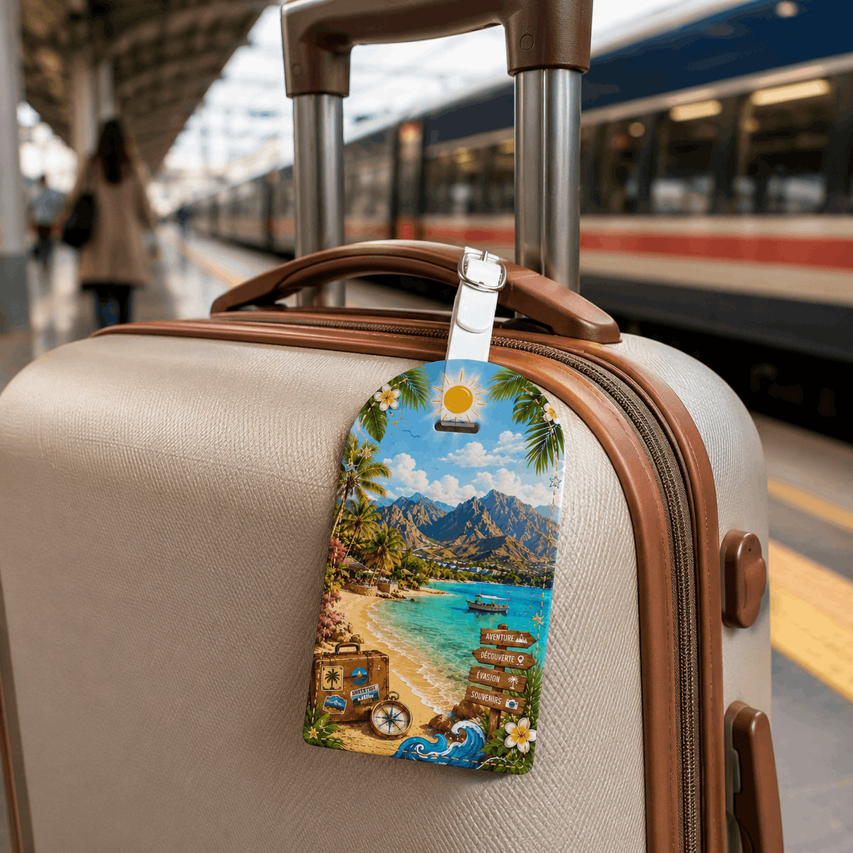 Étiquette bagage design évasion tropicale – 3 mises en situation sur valises bleue, beige et noire en gare et aéroport