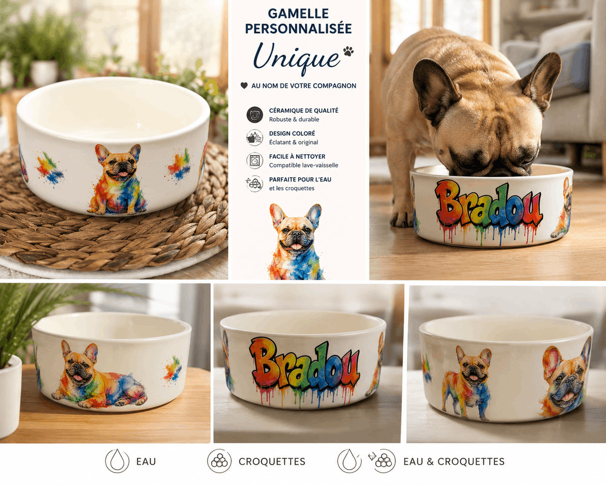 Gamelle chien personnalisée aquarelle présentation caractéristiques et vues multiples