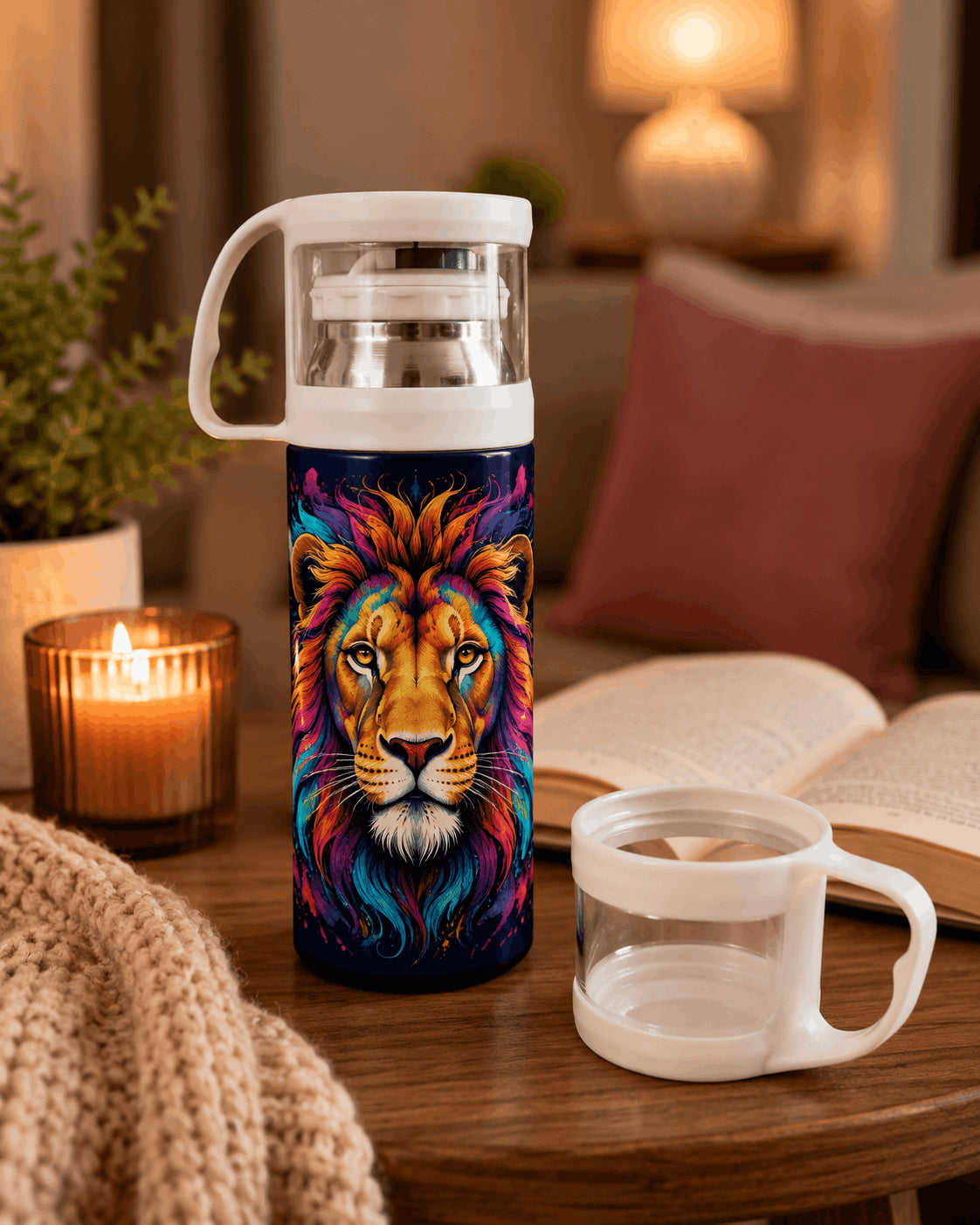 Gourde isotherme lion psychédélique avec tasse bouchon, table basse salon cosy bougie