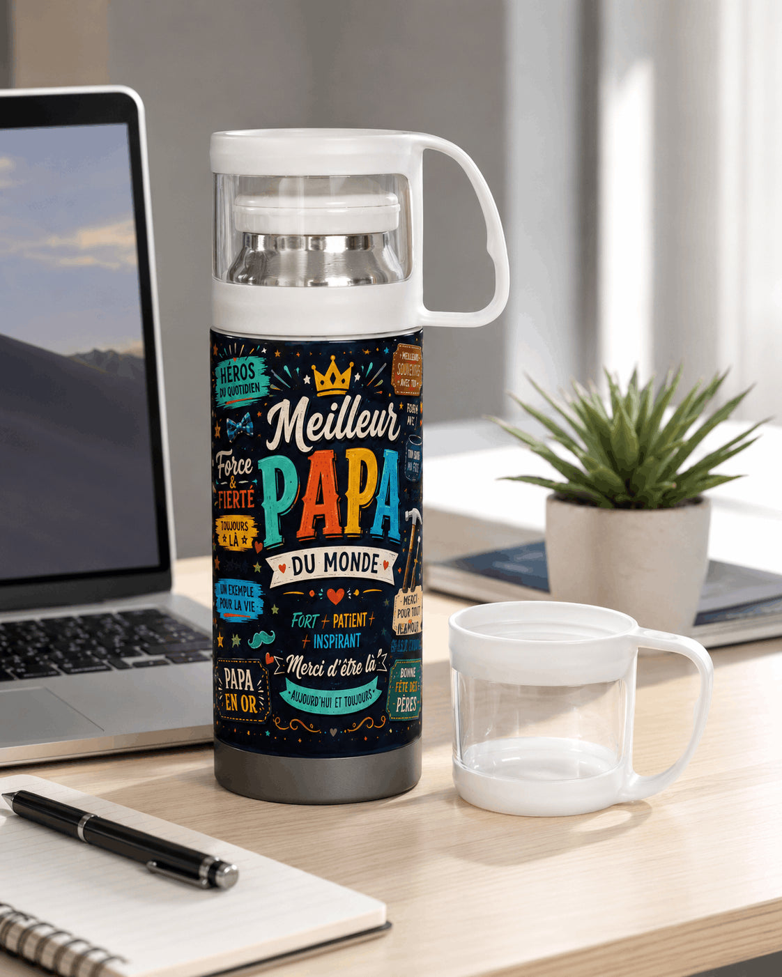 Gourde isotherme Meilleur Papa du Monde avec tasse bouchon posée sur bureau