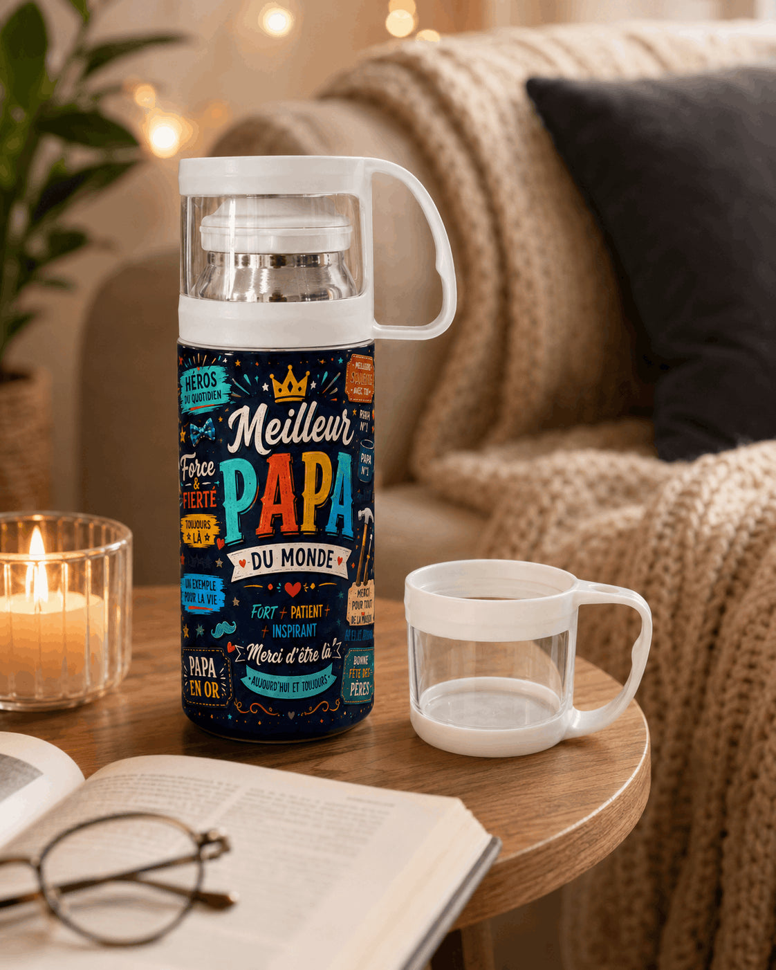 Gourde isotherme Meilleur Papa du Monde avec tasse bouchon, table basse salon cosy