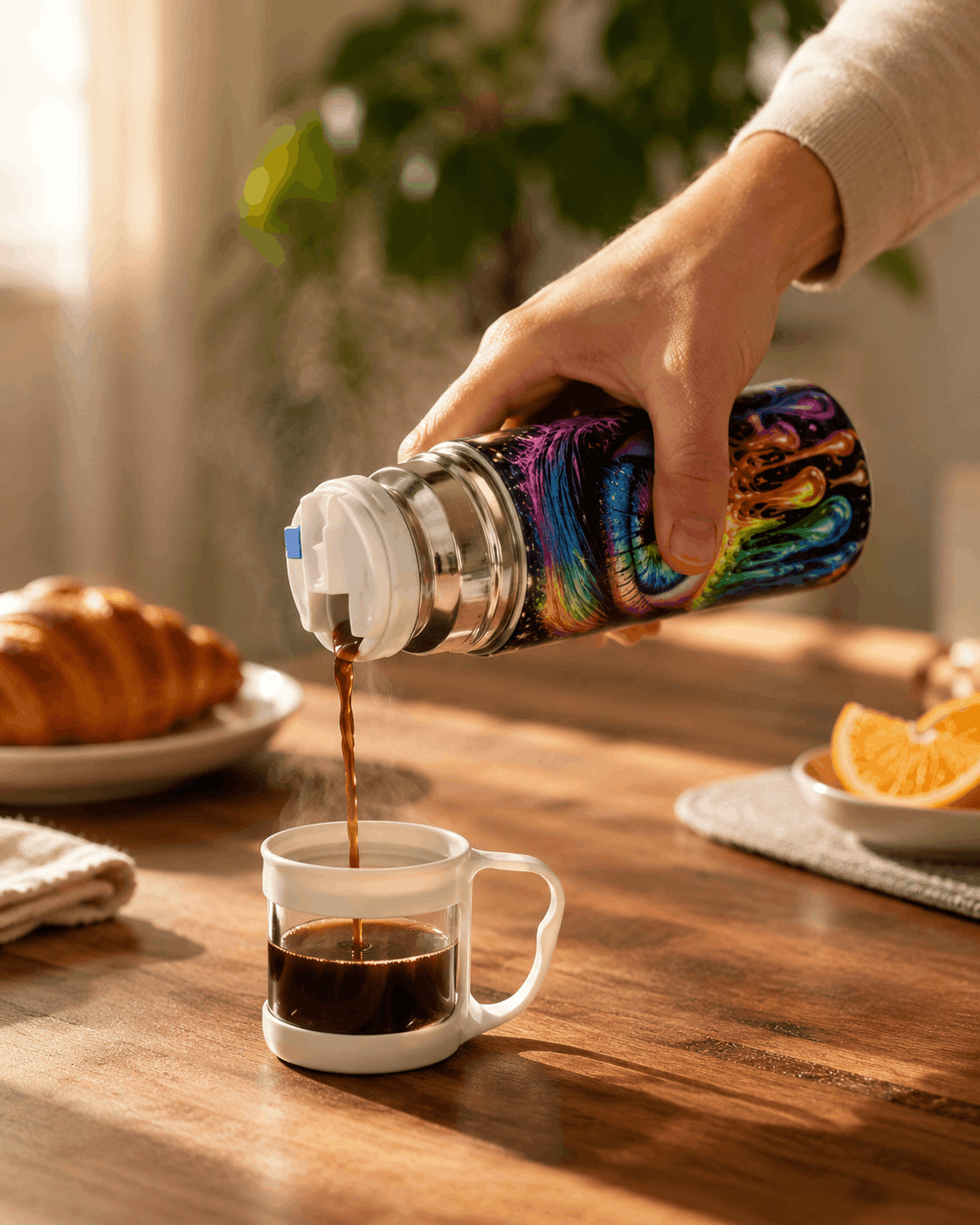 Café versé depuis la gourde isotherme dans la tasse bouchon, table bois