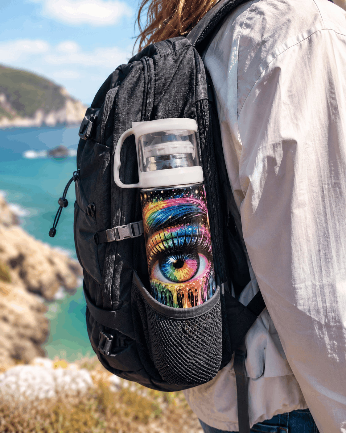 Gourde isotherme glissée dans la poche d'un sac à dos, bord de mer
