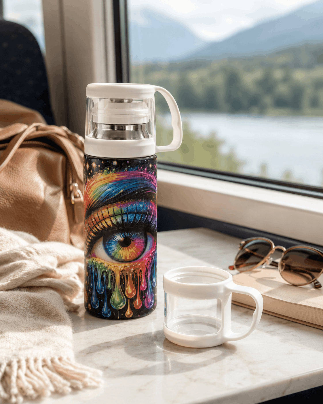 Gourde isotherme et tasse bouchon sur tablette de train, paysage lac montagne