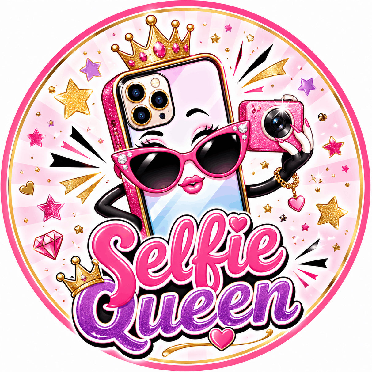 grip coque téléphone selfie queen smartphone couronné glamour rose pailleté sublimation