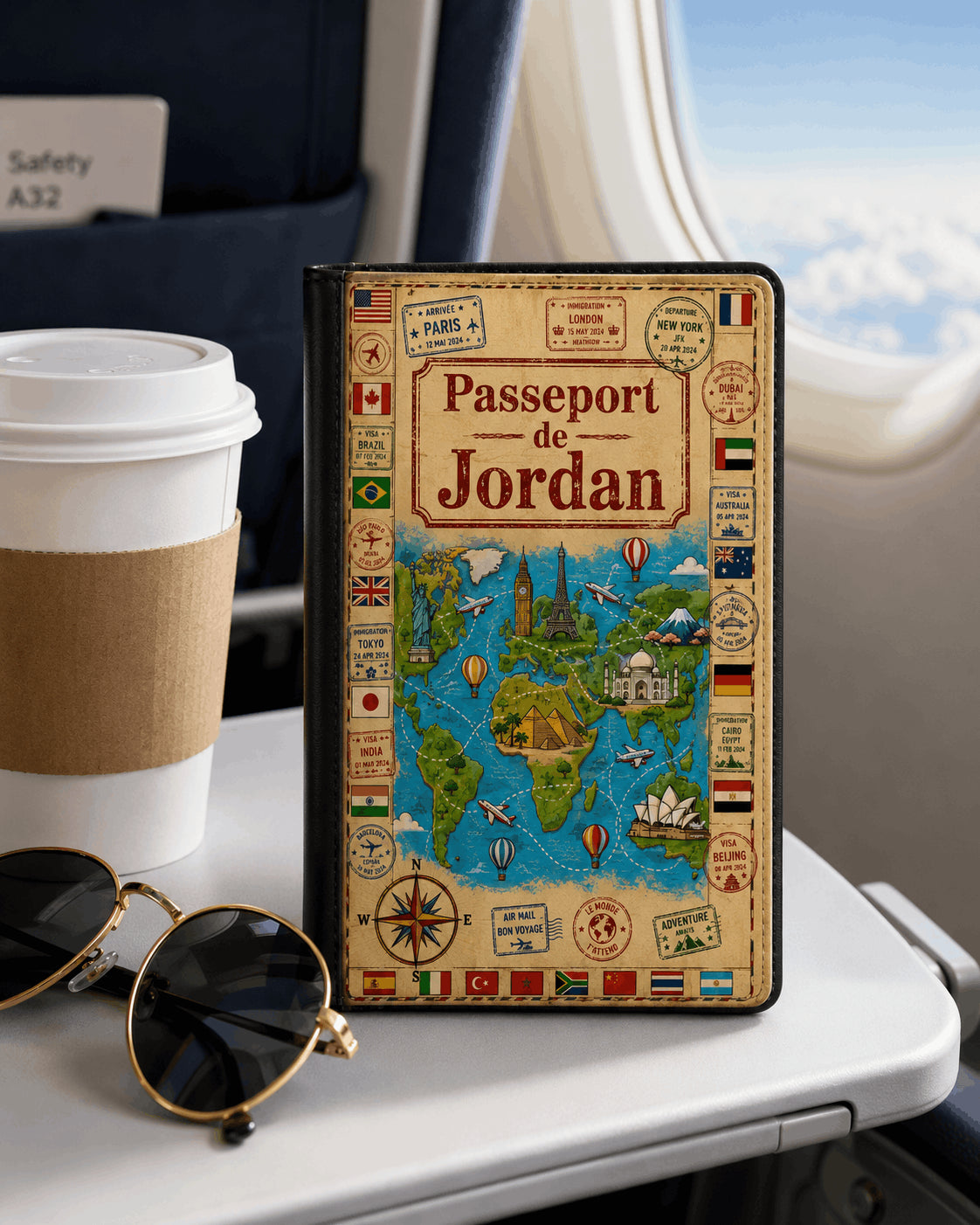 Housse de passeport personnalisée carte du monde vintage posée sur tablette de siège d'avion
