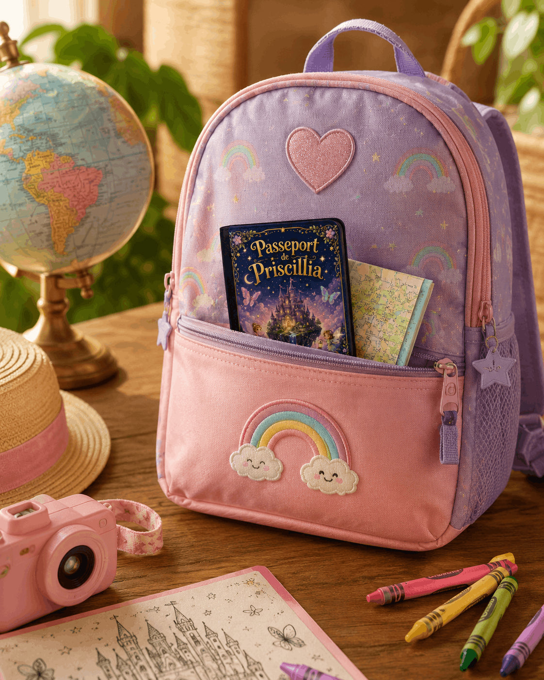 Housse de passeport personnalisée dans la poche d'un sac à dos enfant avec globe terrestre – design château enchanté – prénom Priscillia
