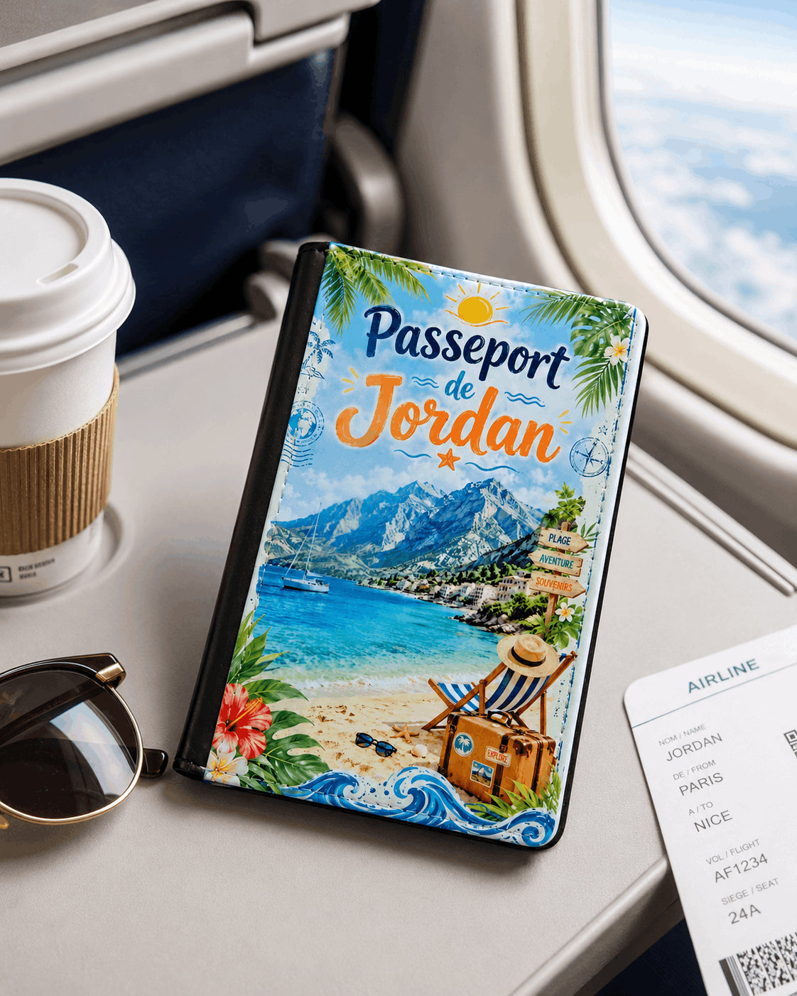 Housse de passeport personnalisée posée dans un avion avec carte d'embarquement – design plage montagne – prénom Jordan