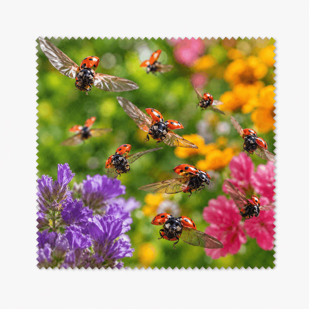 Lingette coccinelles en vol dans un jardin fleuri coloré