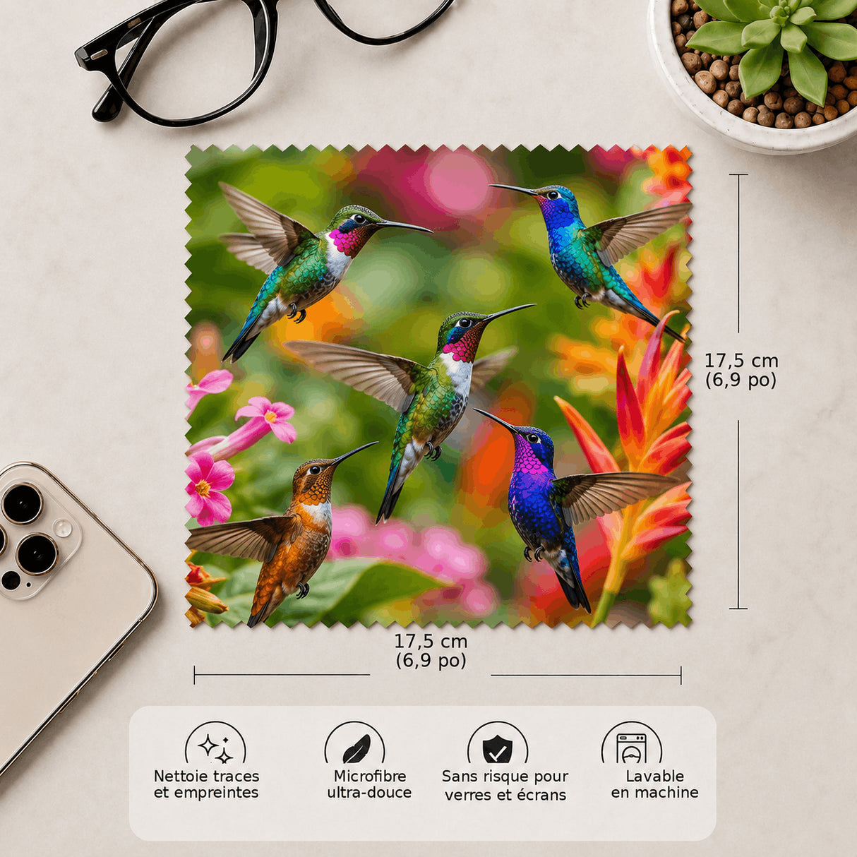 Lingette colibris 17,5x17,5cm microfibre douce lavable en machine