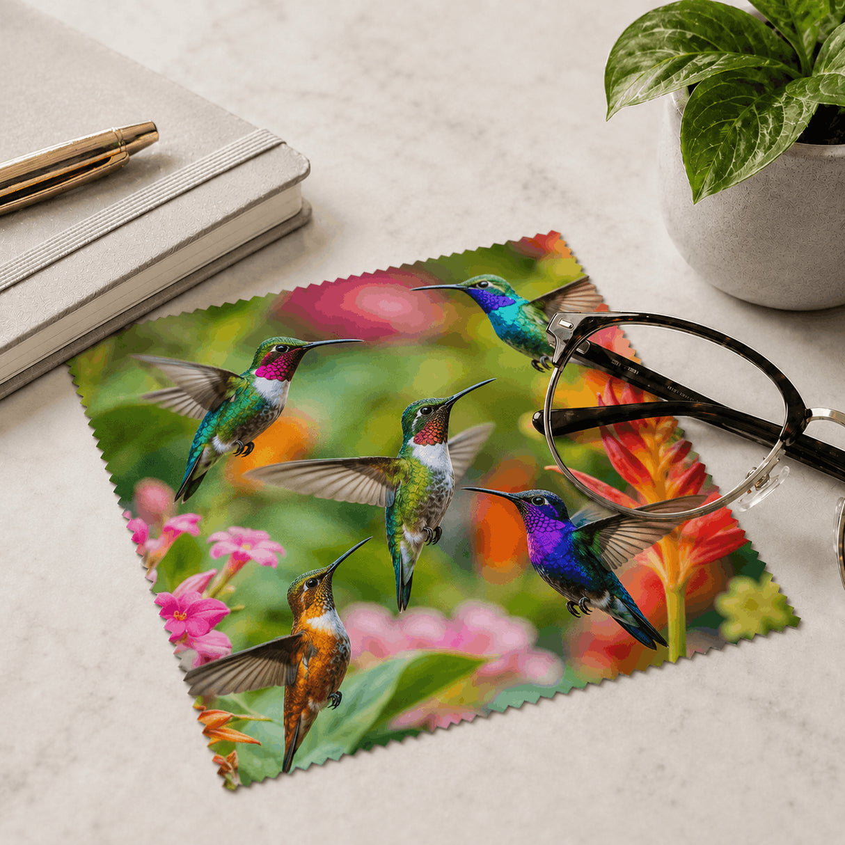 Lingette colibris à lunettes posée avec des lunettes de vue sur bureau