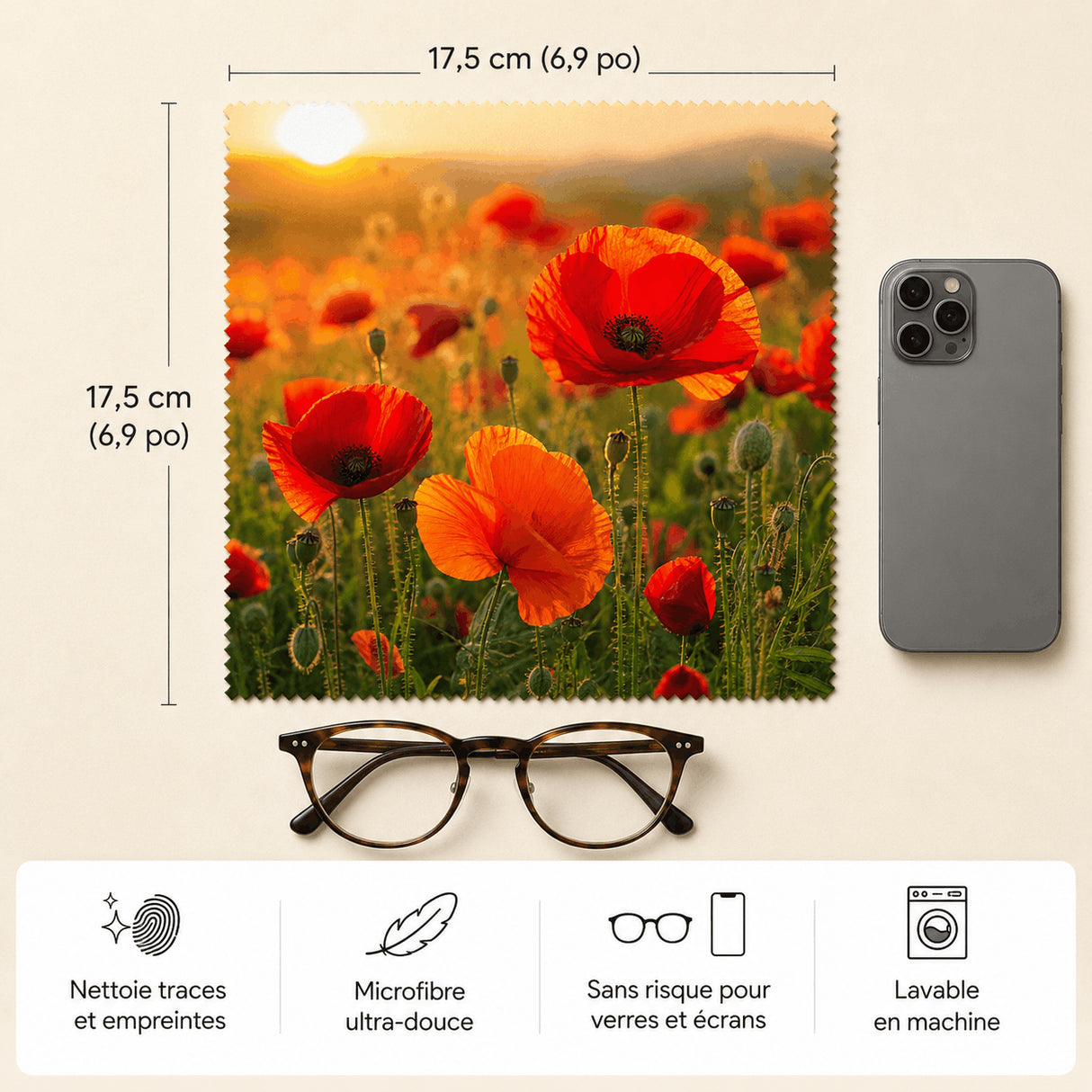 Lingette coquelicots 17,5x17,5cm microfibre douce lavable en machine