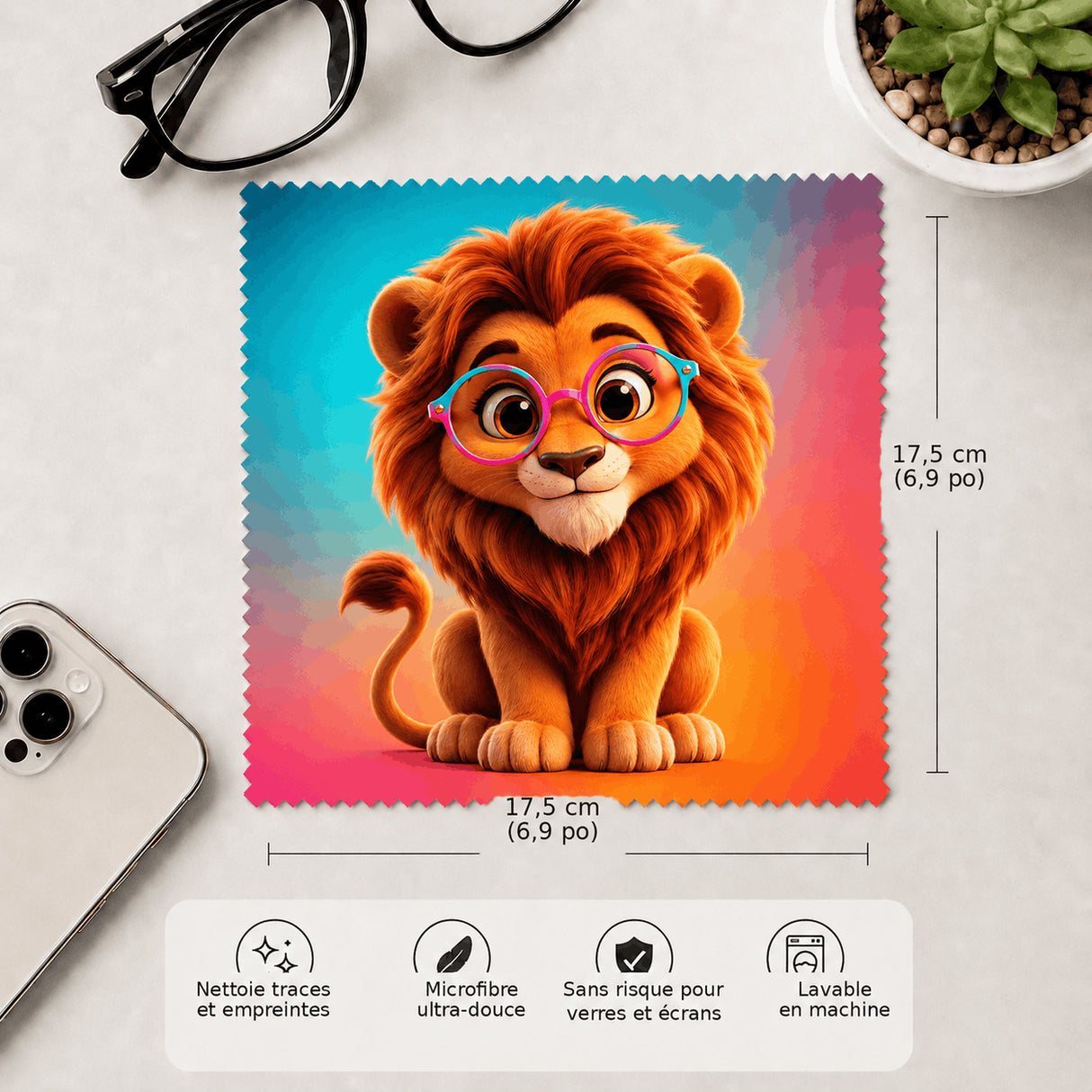 Lingette lion 17,5x17,5cm microfibre douce lavable en machine