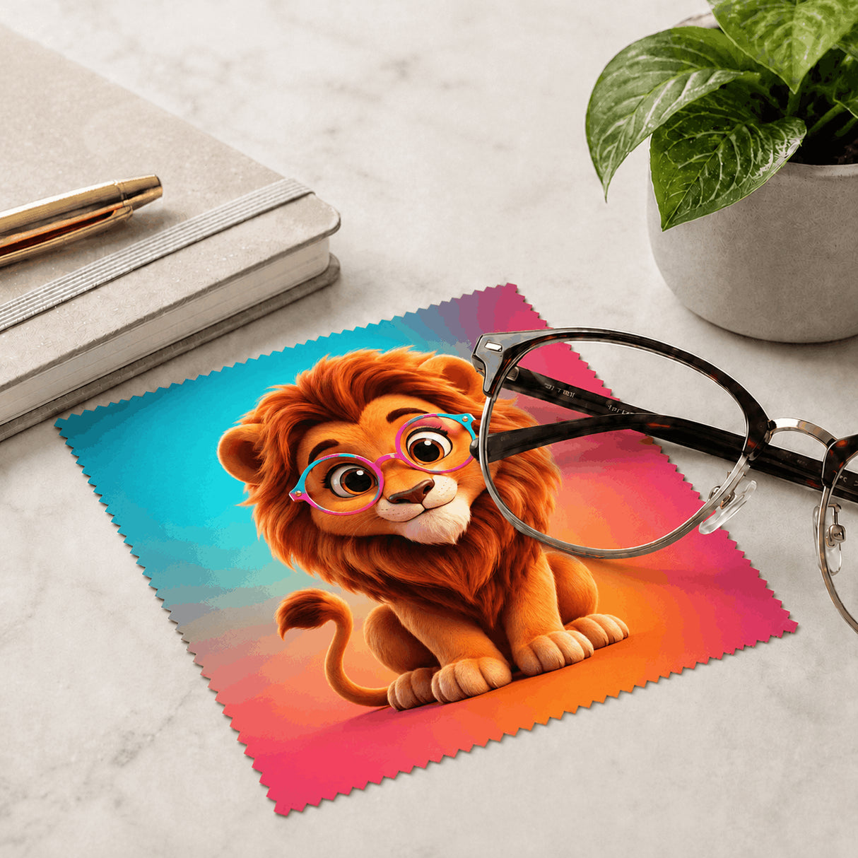 Lingette lion à lunettes posée avec des lunettes de vue sur bureau