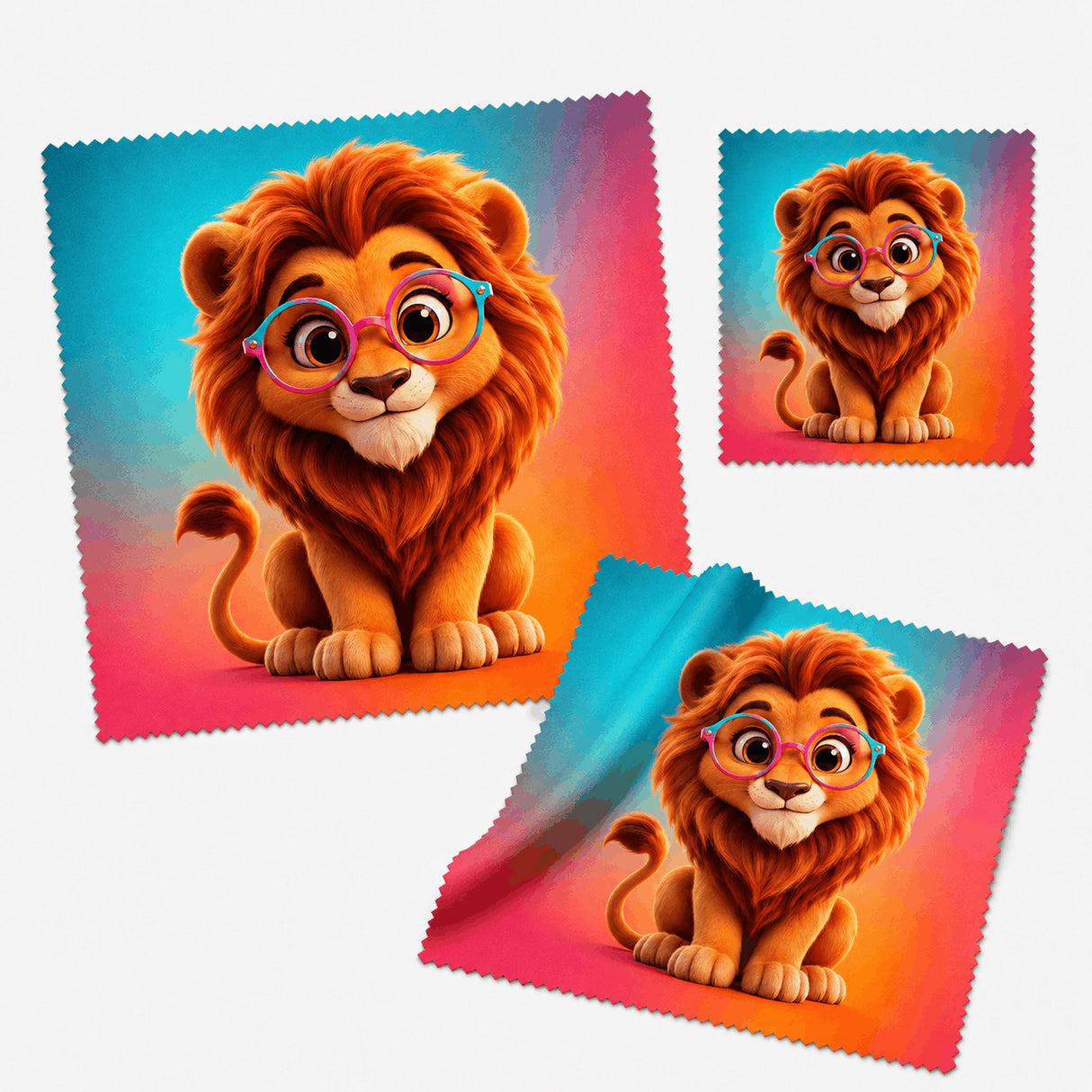 Lingette microfibre lion à lunettes, plusieurs angles et tailles