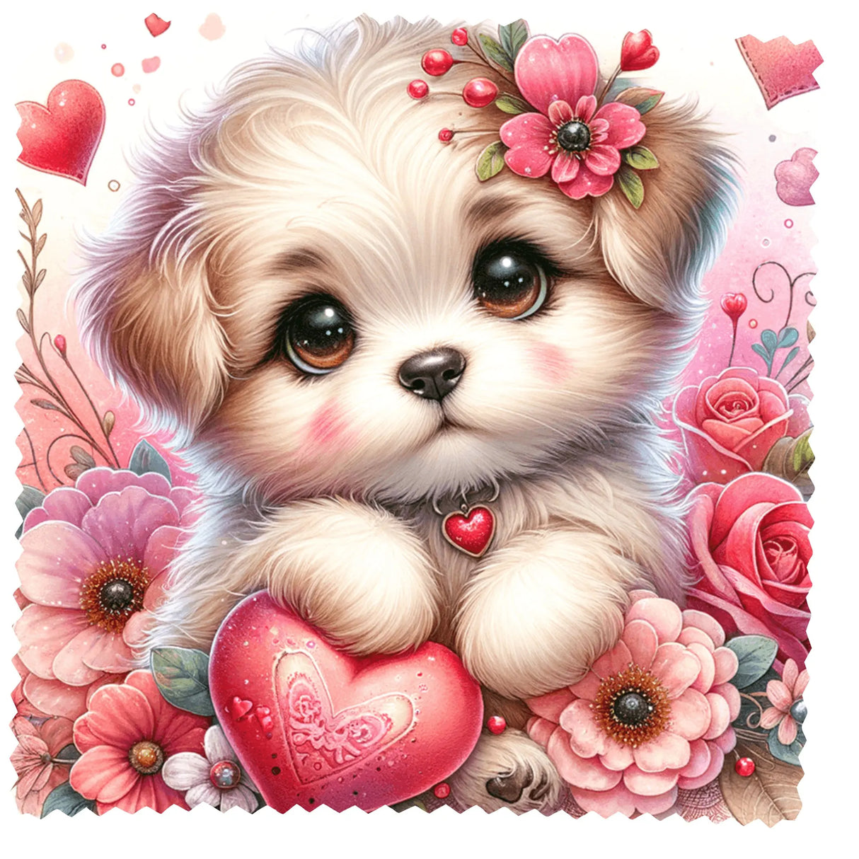 Lingette Lunettes Microfibre “Chiot Cœur d’Amour” – Fleurs & Saint-Valentin – 17,5 × 17,5 cm Sublimation Store