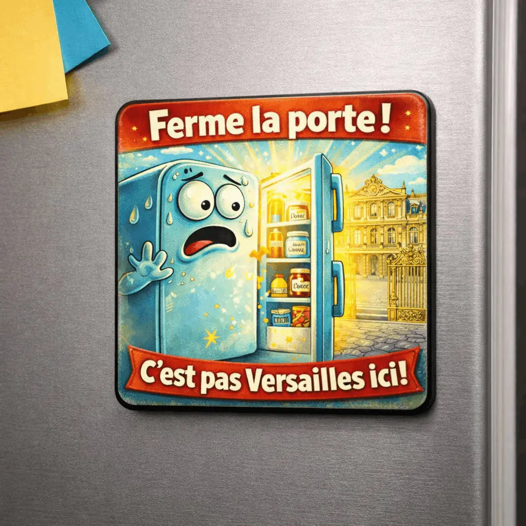 Magnet Frigo Humoristique “Ferme la porte ! C’est pas Versailles ici !” – Bois 6x6 cm Sublimation Store