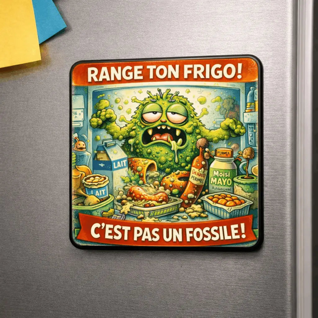 Magnet Frigo Humoristique âRange ton frigo ! Câest pas un fossile !â â Bois 6x6 cm Ultra Brillant Sublimation Store