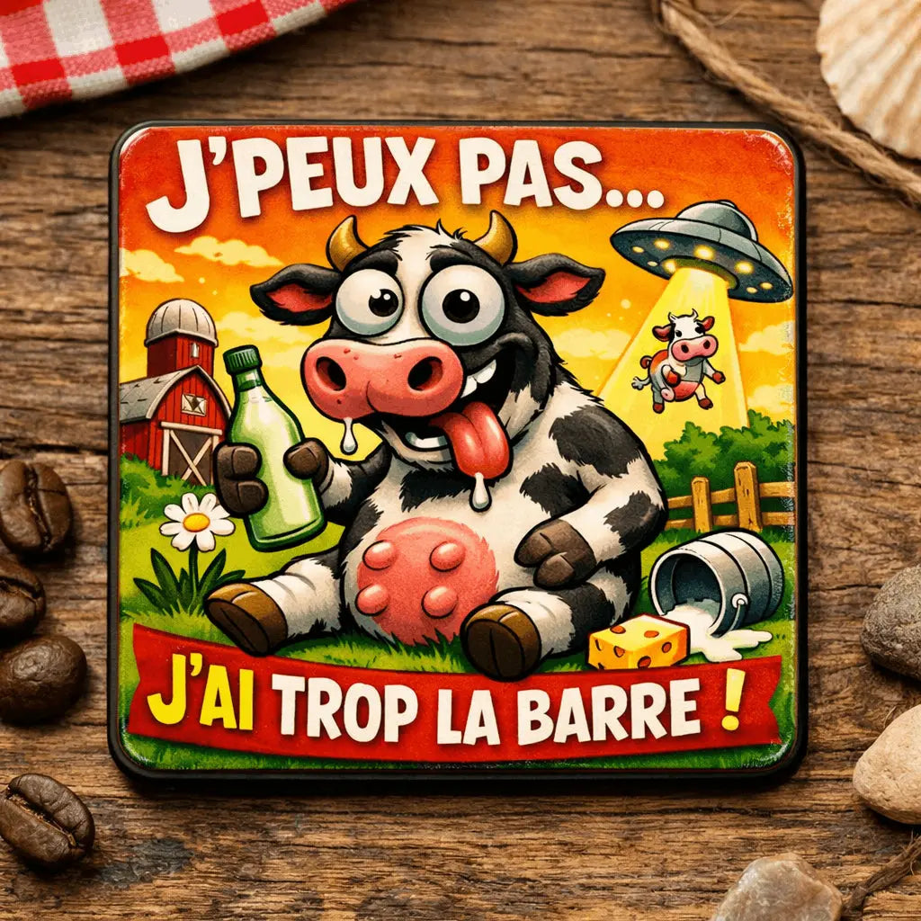 Magnet Frigo Humoristique Vache âJâpeux pas⊠jâai trop la barre !â â Bois 6x6 cm Sublimation Store